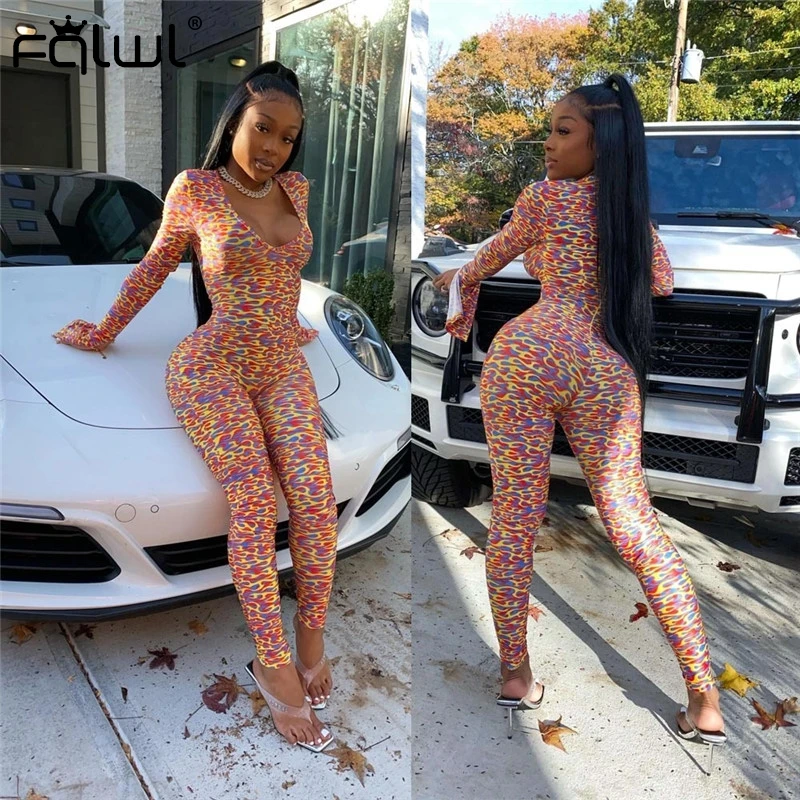 FQLWL в уличном стиле с принтом сексуальный бодикон комбинезон Для женщин