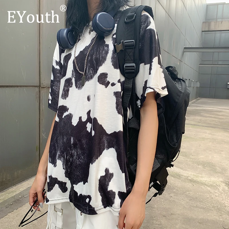 Женская футболка с принтом коровы контрастная свободная коротким рукавом топы