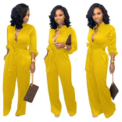 yellow jumpsuit Adogirl, однотонные Женские повседневные Свободные Комбинезоны с пуговицами, v-образный вырез, длинный рукав, офисный женский комбинезон, широкие брюки, женские модные комбинезоны - Цвет: yellow jumpsuit