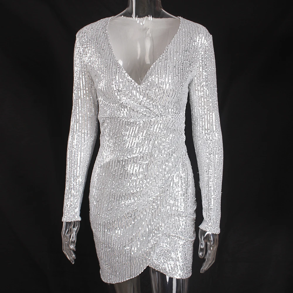 Мини-платье с V-образным вырезом и блестками | Женская одежда