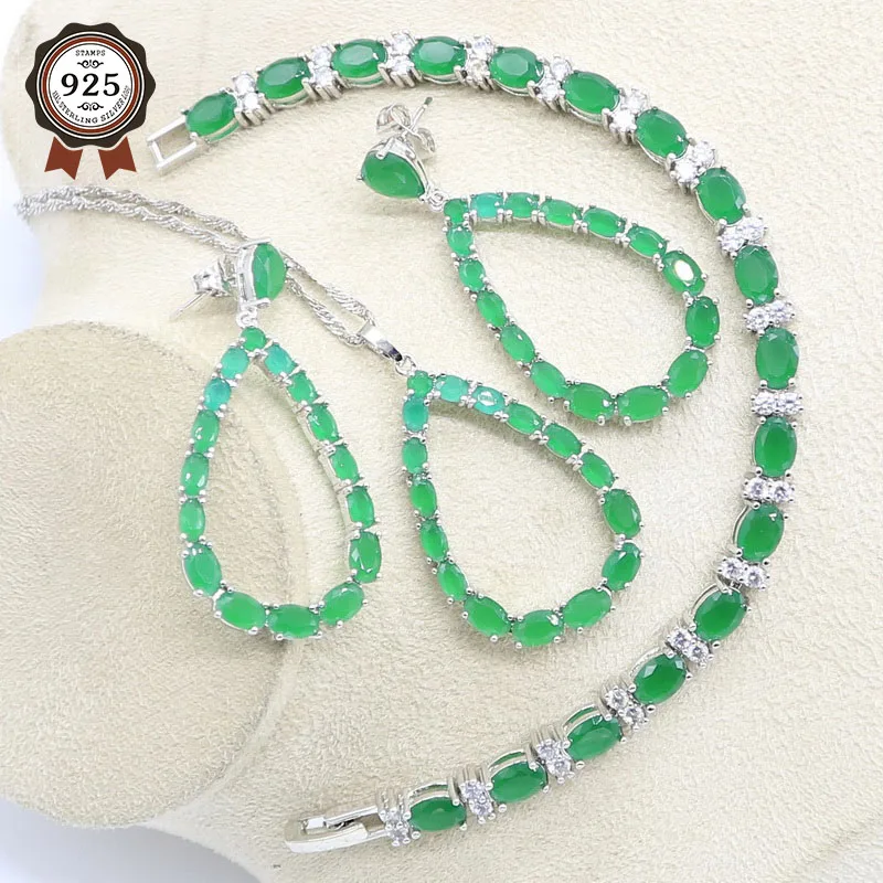 Зеленый Кристалл Серебряный свадебный набор украшений для женщин серьги