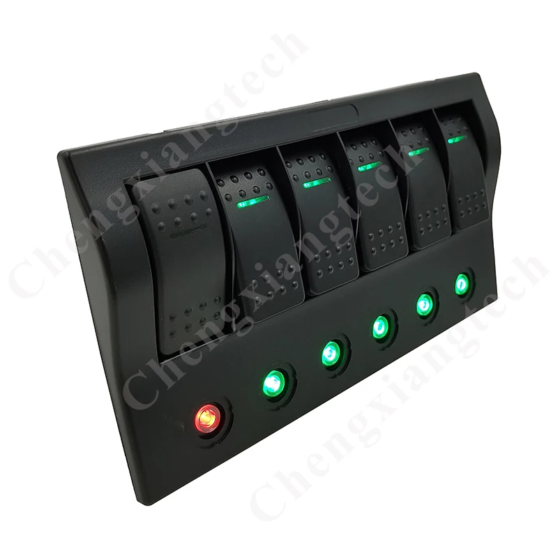 

Pre-wired 6 Gang Led Marine Boat Rocker Switch Panel 5x On Off / 1 x Momentary On Off Green Led Rocker Switch Panel W/ 6 Fusess