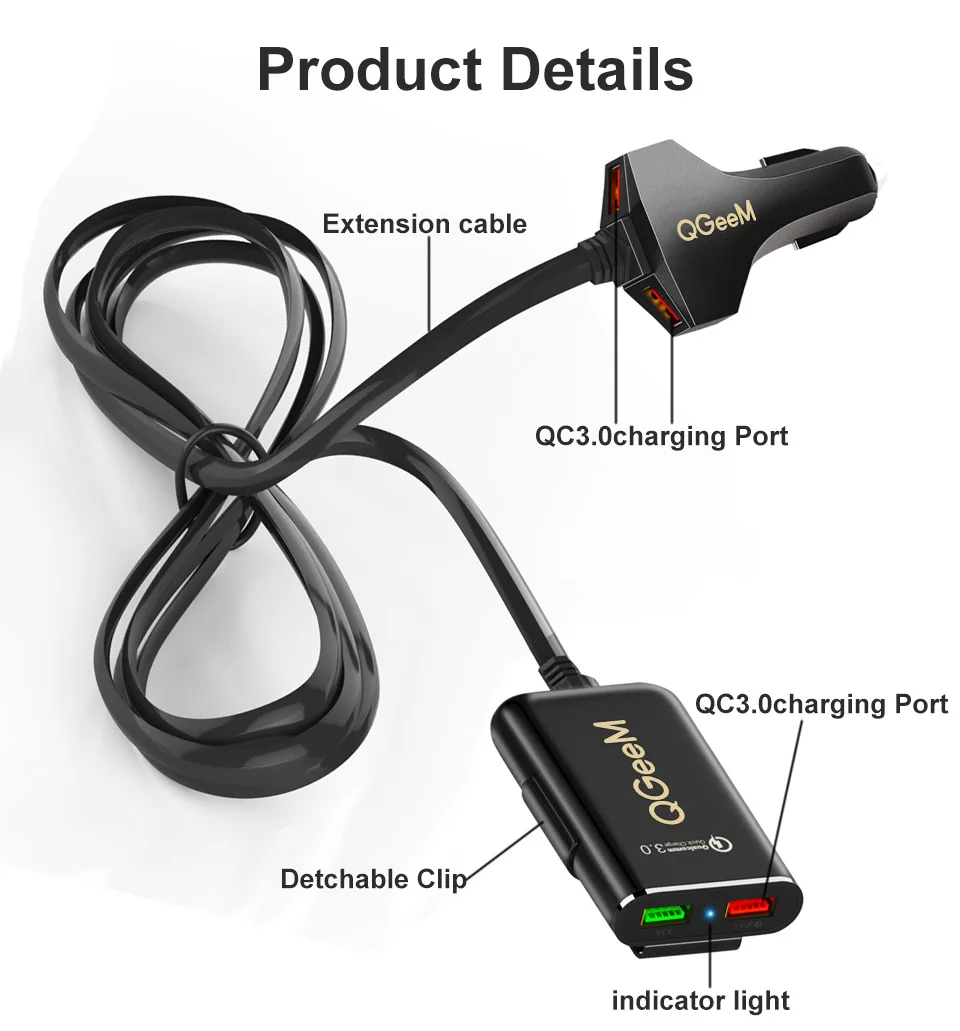 QGEEM 4 USB Автомобильное зарядное устройство для iPhone Quick Charge 3,0 Автомобильное портативное зарядное устройство молоток Передняя Задняя QC3.0 Быстрая зарядка для телефона автомобильное зарядное устройство