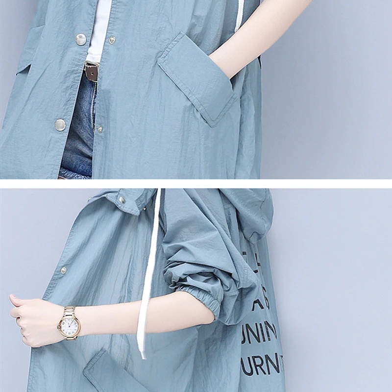 

Tide Spring Summer Windbreaker Women Loose Hooded Thin Long Jacket Coat Female Windbreaker Waterproof Sun-protection Outwear