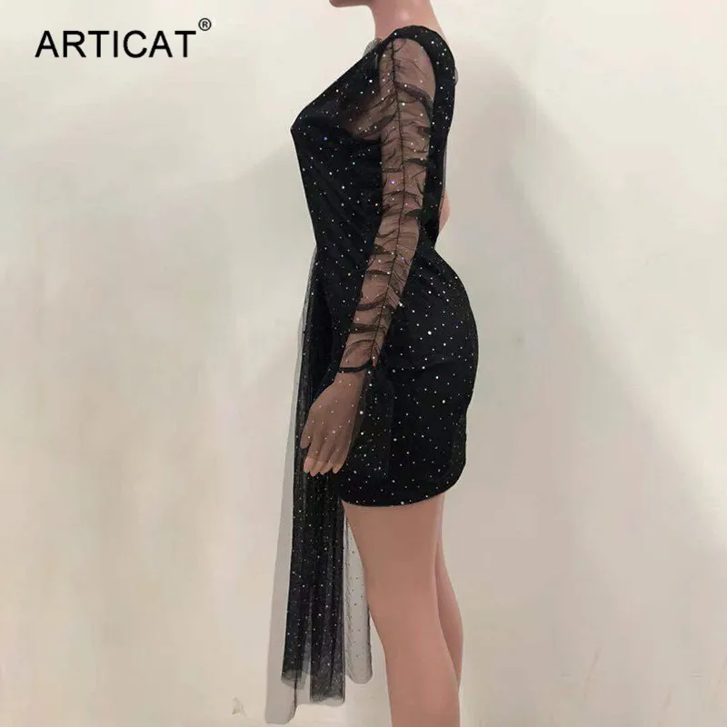 Articat/блестящее платье на одно плечо из прозрачной сетки, женское сексуальное мини-платье с рюшами и потертостями, черное платье для ночного клуба, платья для женщин
