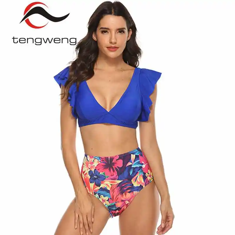 blue bikini Tengweng, бикини с оборками,, сексуальный купальник из 2 частей, бикини, женский купальник с принтом, бандаж, пуш-ап, пляжная одежда, плюс размер, купальный костюм - Цвет: blue bikini
