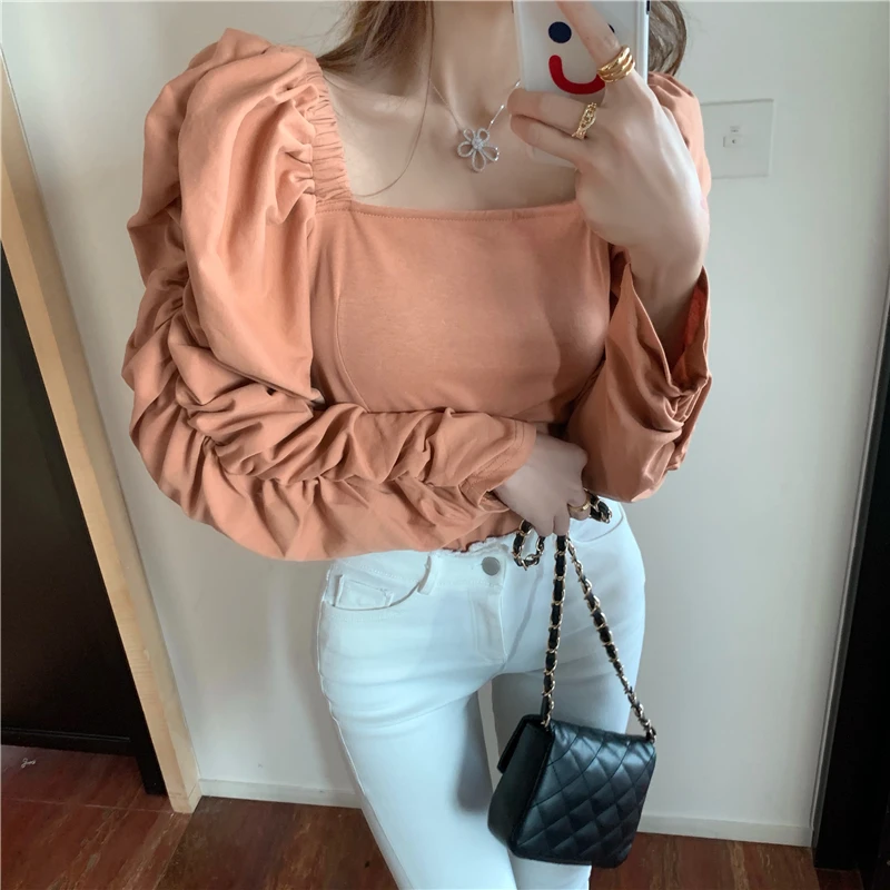 

French Outerwear Hong Kong Style Long Sleeve T-shirt Shirt Fall/Winter 2020 New Design Sense Square Collar