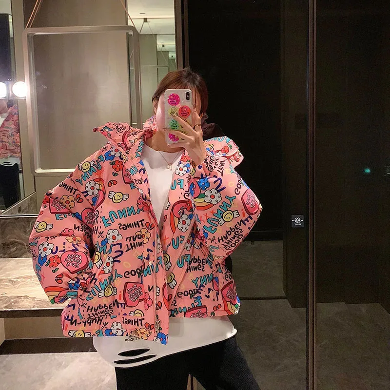 2022 Women'S Winter Jacket New  Cotton-Padded Women'S Short  Jacket Printed Loose  Thickened Fashionable Student Trendy Jacket