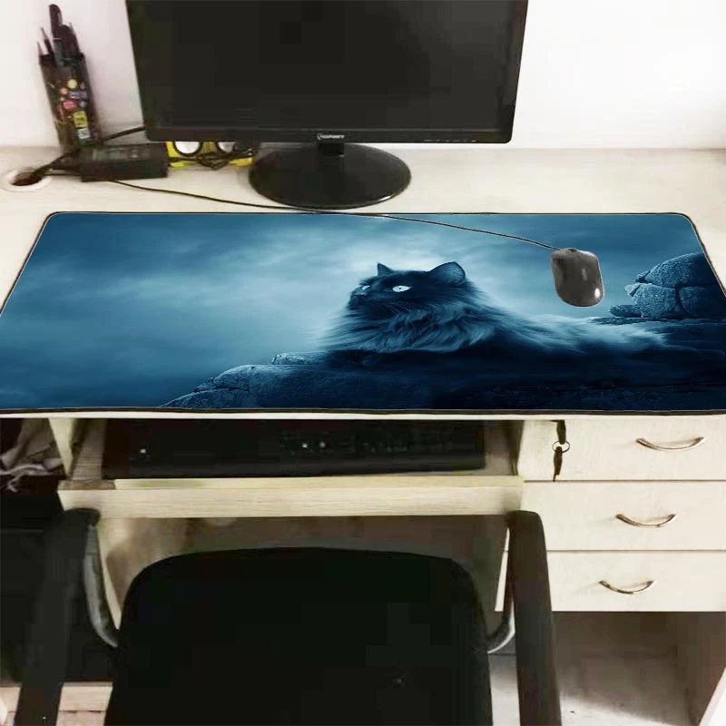 black cat moon large gaming mouse pad locking edge mat for laptop computer keyboard desk dota lol csgo free global shipping
