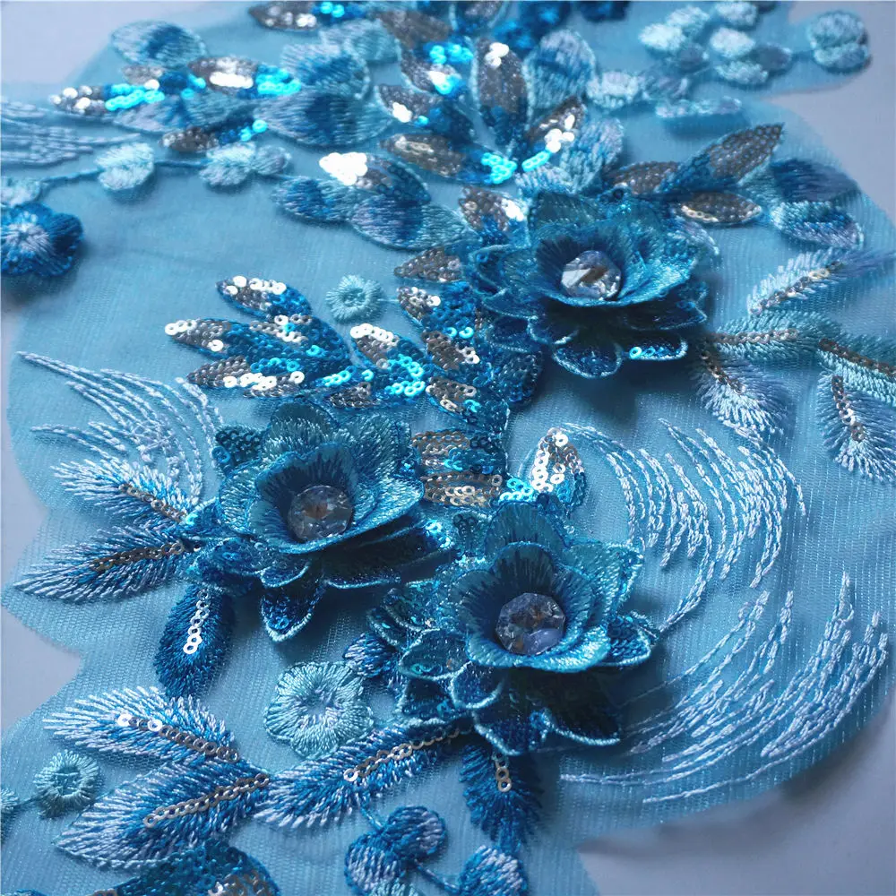 Синее 3D цветочное кружевное платье с серебристыми пайетками вышитое аппликацией