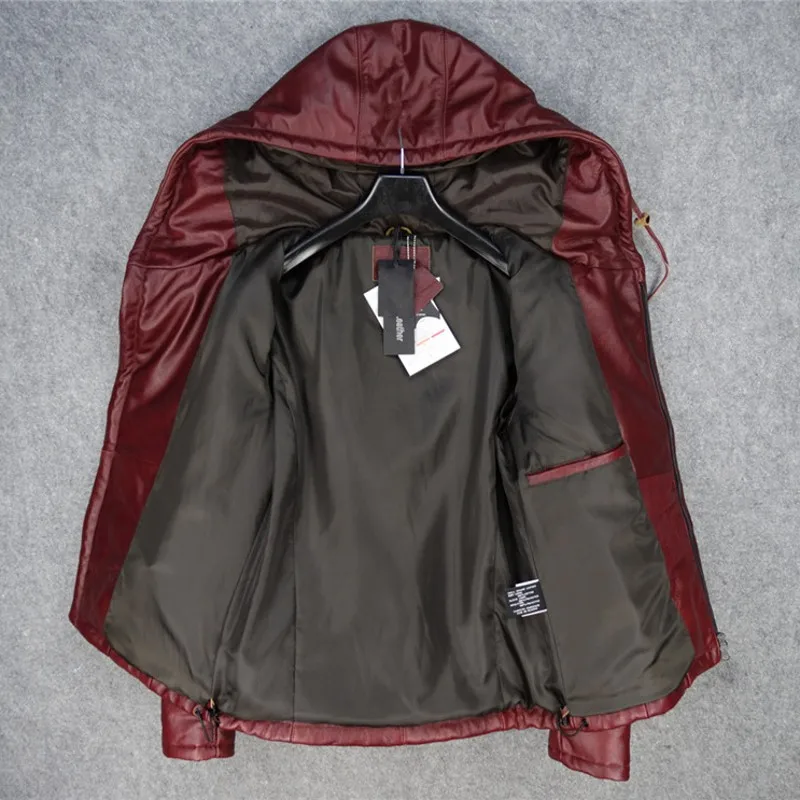 

Hooded Winter Slim 100% Real Leather Jacket Men Brand Fashion Warm Cowhide Cotton Short Coat Vintage Casual Long Sleeve Outwear