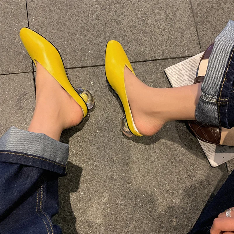 

ANNYMOLI Genuine Leather High Heels Mules Shoes Women Pumps Square Toe Crystal Strange Style Heels Lady Footwear Summer White 40