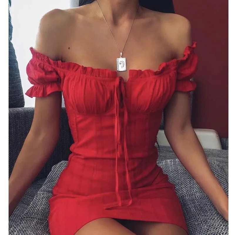 

Sexy Off Shoulder Smocked Bandage Bodycon Dress Women Strapless Ruffles Mini Red Dresses Ladies Short Party Club Dress Vestidos