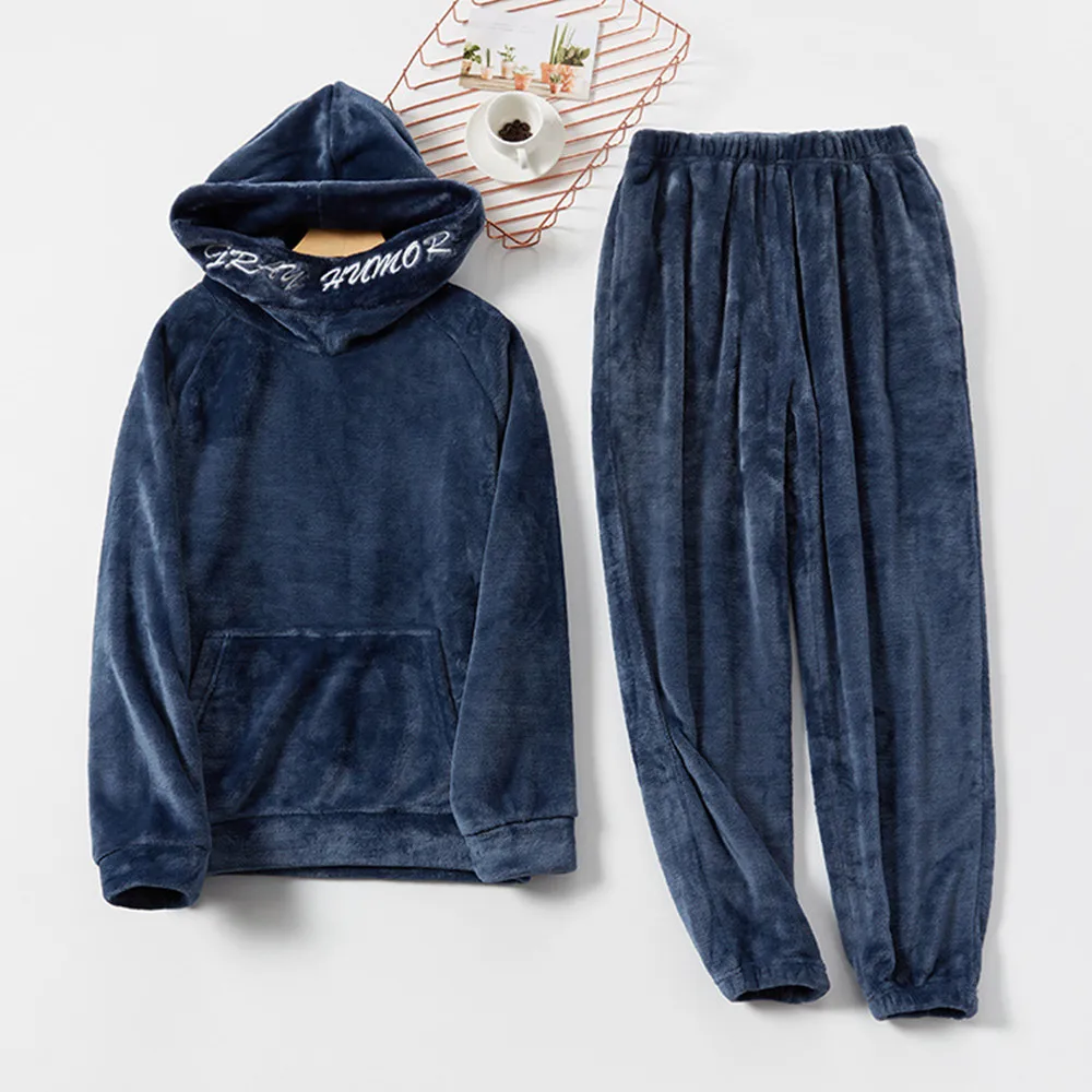 

Fdfklak XL XXL Large Size Flannel Pajamas Men's Autumn Winter Hooded Home Clothes Warm Thicken Lounge Pijama Homewear