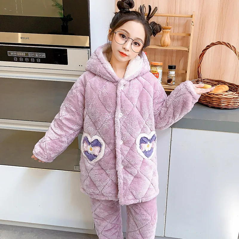 Pijamas Kawaii gruesos de felpa para padres e hijos, ropa de franela de manga larga para mantener el calor, bonitos dibujos animados, para el hogar y la familia, Invierno-0