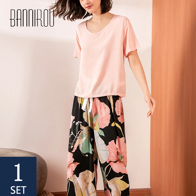 

BANNIROU Female Printed Pajamas Sets Women's Spring printing Pyjamas Set Viscose Floral Breathable Night Suits 2 Piece 2021New