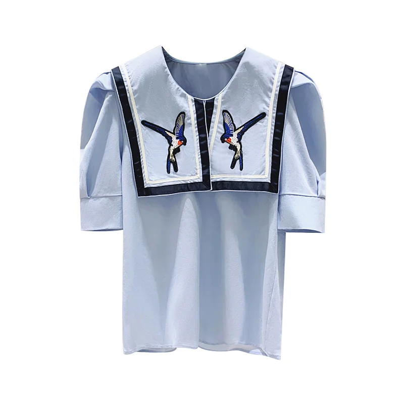 

Embroidered Sailor Collar Short Sleeve Shirt for Woman 2021 Summer Clothing New Pullover Blouse Blusas Mujer Lady Top
