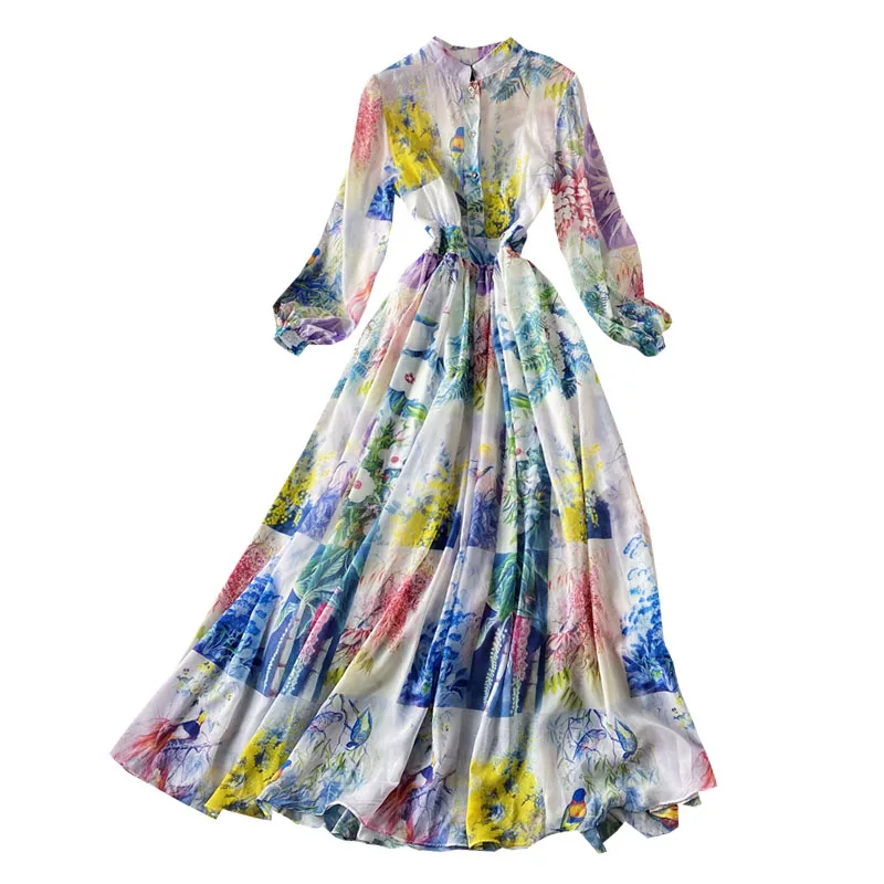 

and the United States t-show temperament dress long spring New Goddess model elegant print stand collar dress