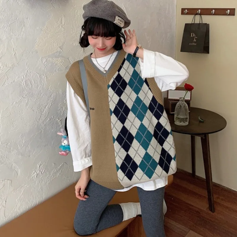 

PEONFLY 2020 Fashion Casual Geometric Patchwork Tops Pullover Sweater Spring Autumn Korean Women Sleeveless V Neck Knitted Vest