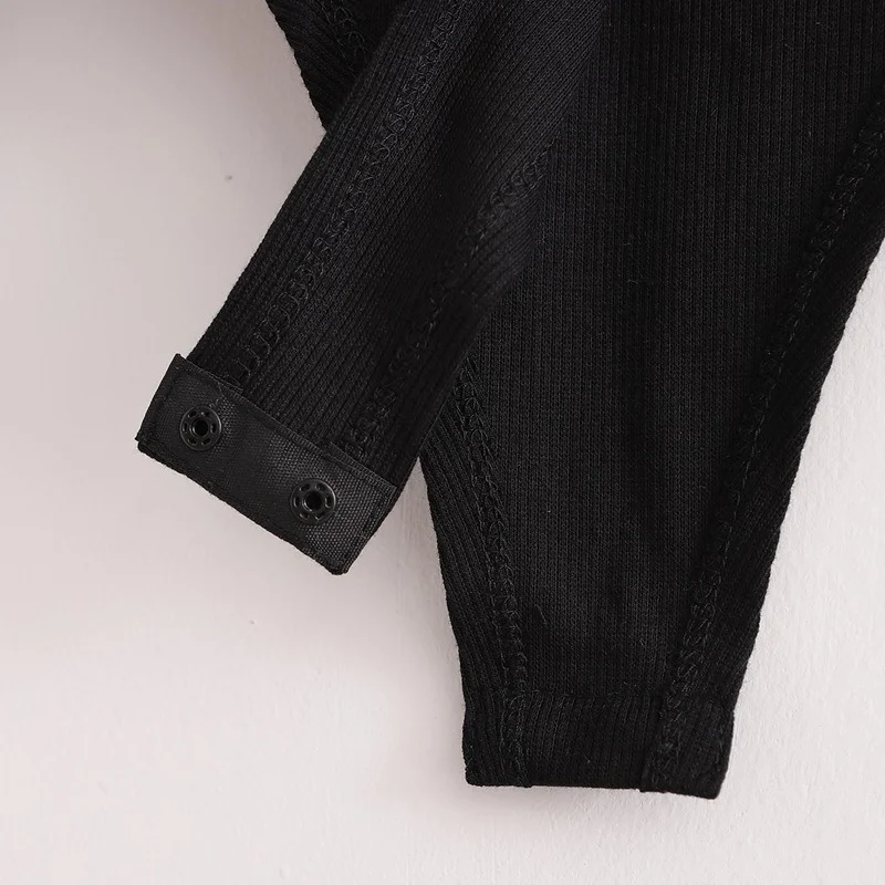 

Sexy Mesh Puff Sleeve Knitted Patchwork Jumpsuit Women O-neck Long Sleeve Snap-button Bodysuits 2021 Spring Chic Rompers