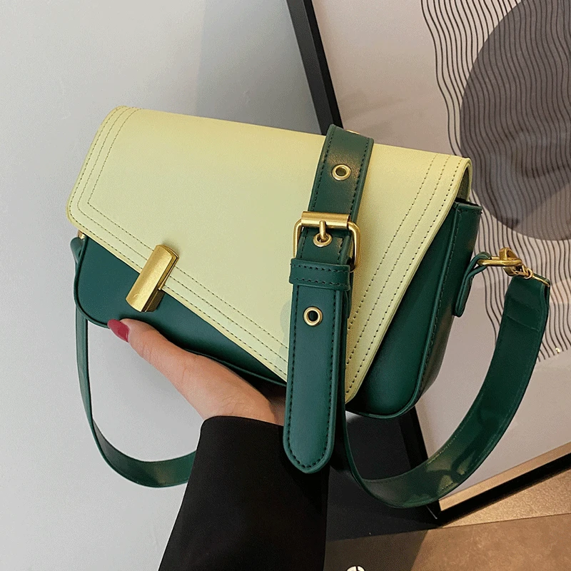 

Fshion Crossbody Bags for Women Panelled Leather Handbag Vintage Green Shoulder Bag Female Sac Brand Designer Flap Messenger Bag