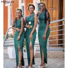 Зеленые платья для подружек невесты на одно плечо платье с Боковым Разрезом для подружек невесты кружевные платья на молнии сзади для свадебной вечеринки Платья для подружек невесты