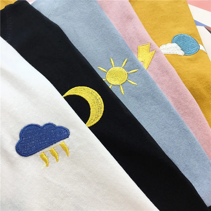 korean ulzzang Women T-shirts harajuku funny weather embroidery t shirt autumn long Sleeve casual loose Tshirt black white tops | Женская