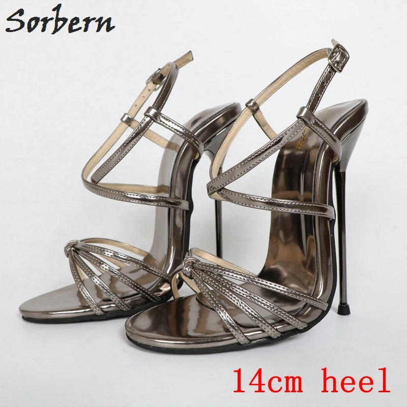 

Sorbern Shiny Grey Thin Metal High Heel 14Cm Cross Straps Sandals Women Custom Red Bottoms Stilettos Womans Shoes Size 33-52