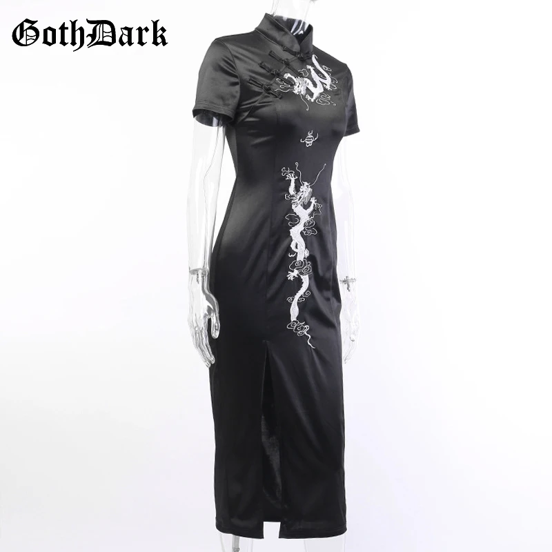 Goth Dark Black Vintage Gothic Halloween Dresses Women Embroidery Autumn Long Party Dress Spliced Black Chinese Cheongsam