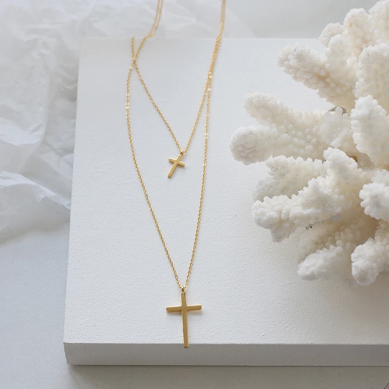 

Simple Double Layer Two Cross Necklace Gold Color Stainless Steel Jesus Pendant Necklace Women‘s’ Jewelry For Women Dropshipping