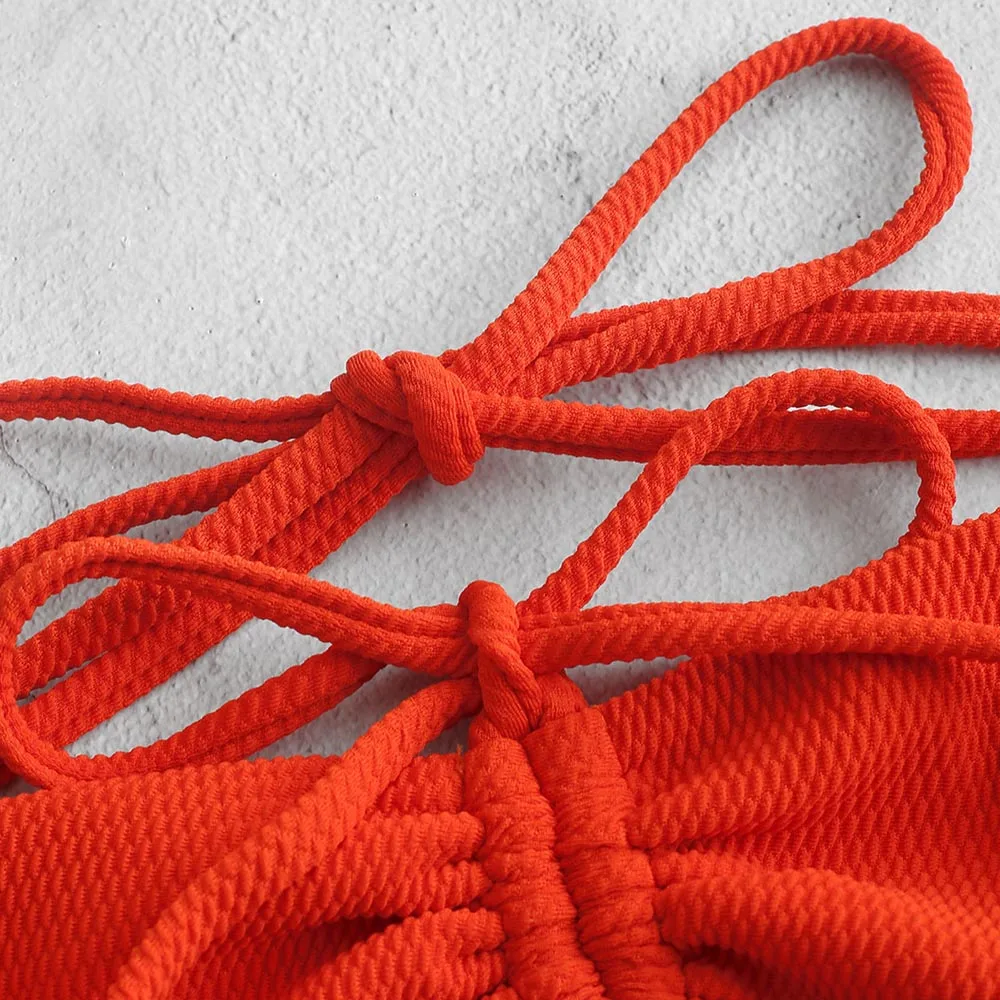 ZAFUL ярко-оранжевое текстурированное Cinched бикини с высокой талией купальник для