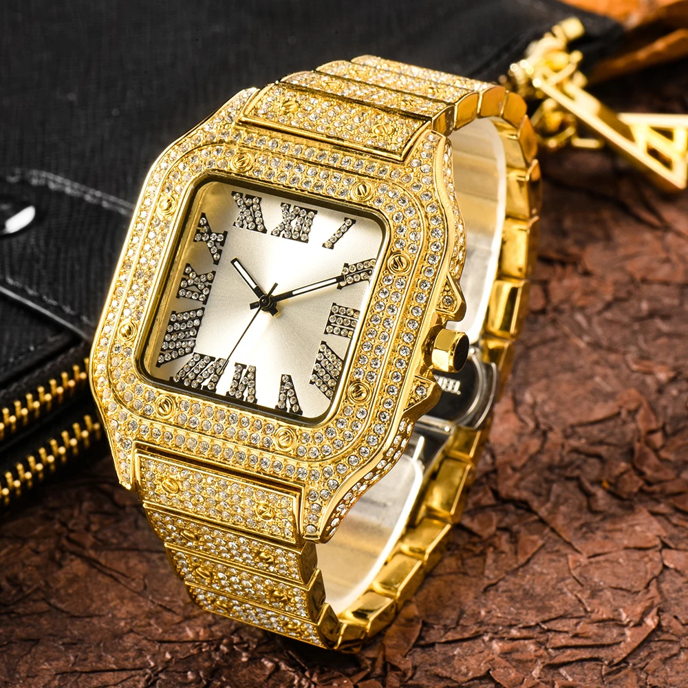 

MISSFOX New Arrival Men's Watches Stylish Simple Square Brand Top Male Gold Wrist Watch Hot Ar High Quality Full Diamond Watch