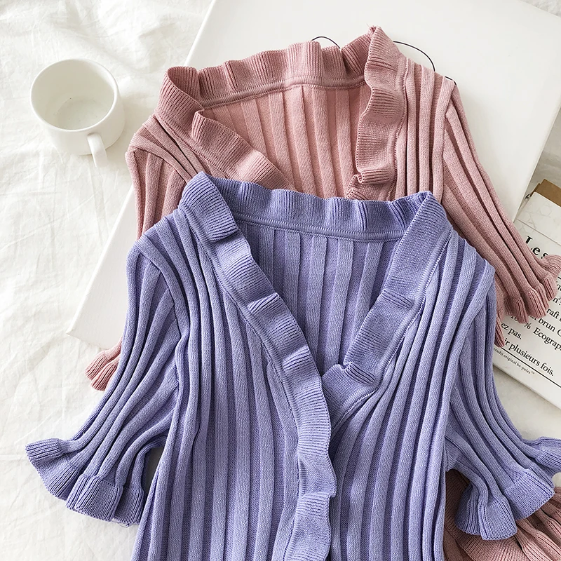 

Women V-Neck Knitted Short Sleeve Ruffles Thin Sweaters Cardigans Lady Single-breasted Buttons Sweater Crop Tops For Girls