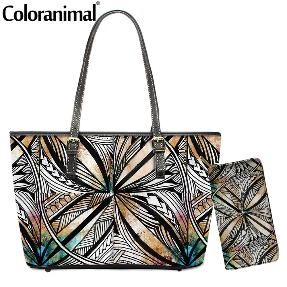 

Coloranimal Samoan Polynesian Printed Lady 2Pcs/Set Shoulder Bag&Wallet PU Leather Crossbody Bag for Women Tote Bag Sac a main