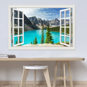 3D Window view Lake Landscape  Wall Sticker PVC Waterproof wall art Wallpaper for Living Room large wall stickers poster