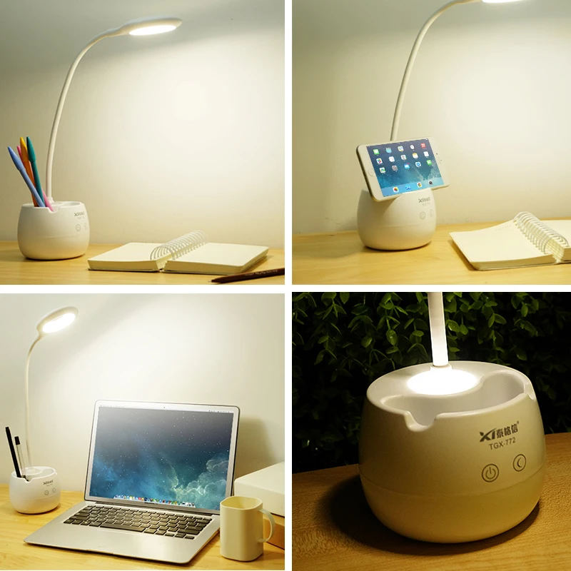 

LED Desk Lamp with Night Light Brush Pot Base Touch Switch Dimmer Rechargeable Student Study Lights Table Lamps for Bedroom