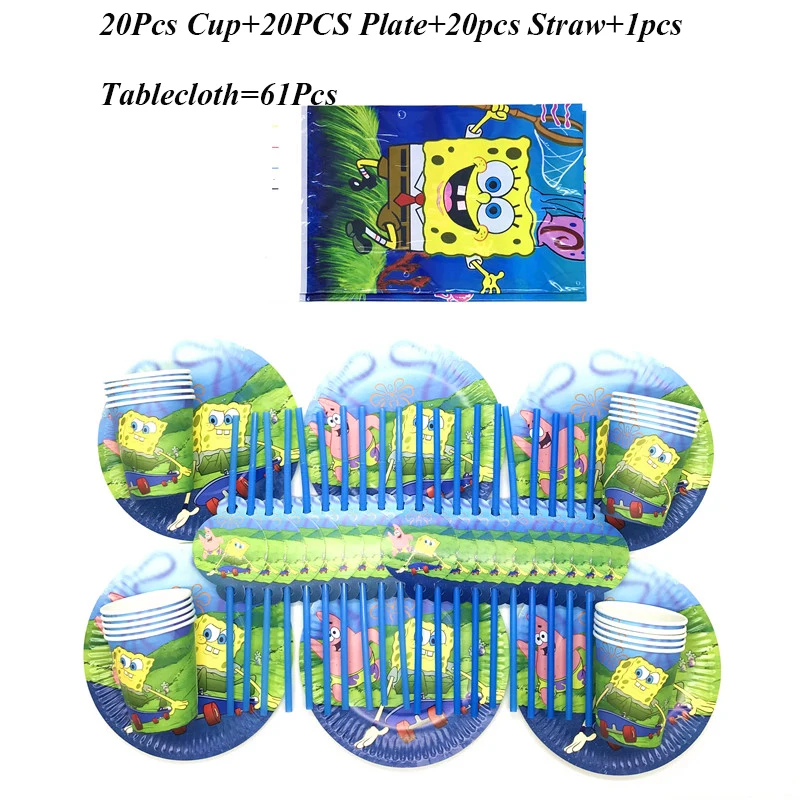 

Hot Sale 61/31Pcs Cartoon Sponge-Bob Theme Child Birthday Wedding Decoration Flexible Straws Paper Cup Plate Decoration Supply