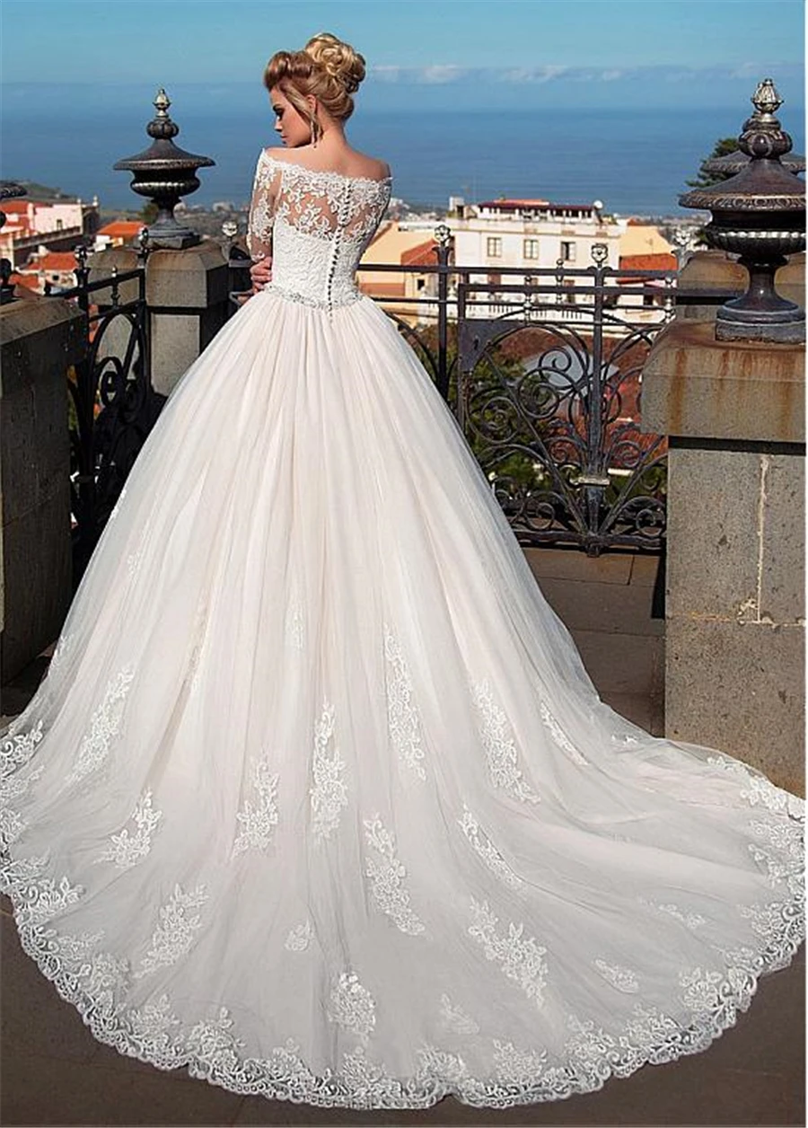 

Charming Design Boat Neck Applique Lace Wedding Dress Long Sleeve Crystal Waistband Wedding Gowns robe de mariee