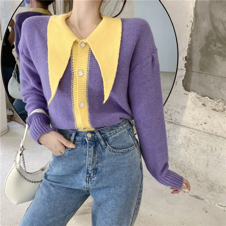 

Женский винтажный свитер в стиле пэчворк, Свободный кардиган с отложным воротником и цветными блоками, весна-осень