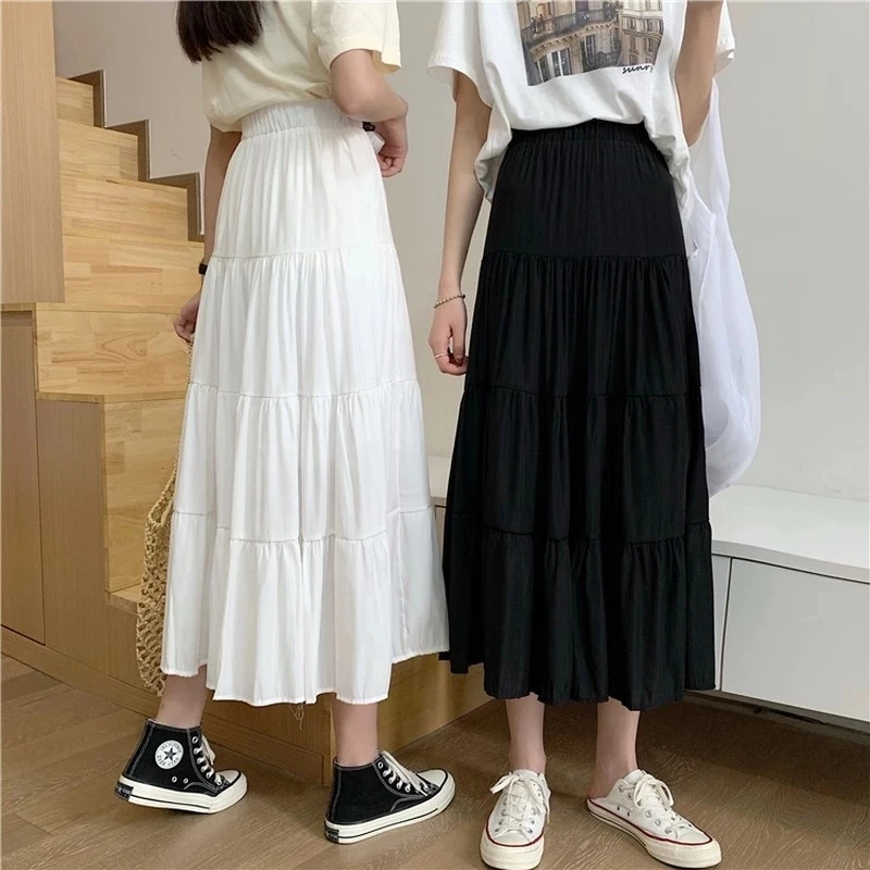 

Spring Summer Women Chiffon Skirts Vintage High Waist Elastic Patchwork White Black Chic Long Cake A-line Skirt for Student
