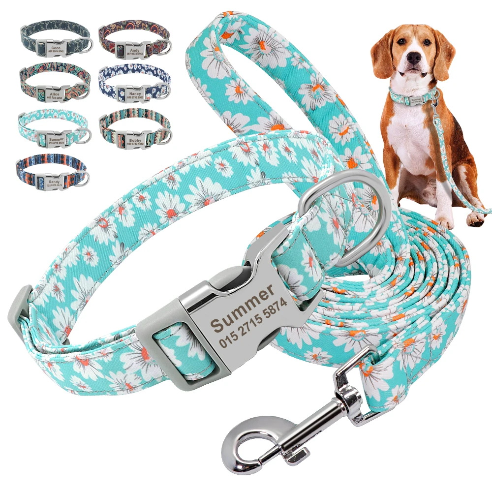 

Personalized Nylon Dog Collar Leash Set Printed Custom Dog ID Tag Collar Engraved Pet Puppy Collars For Small Medium Large Dogs