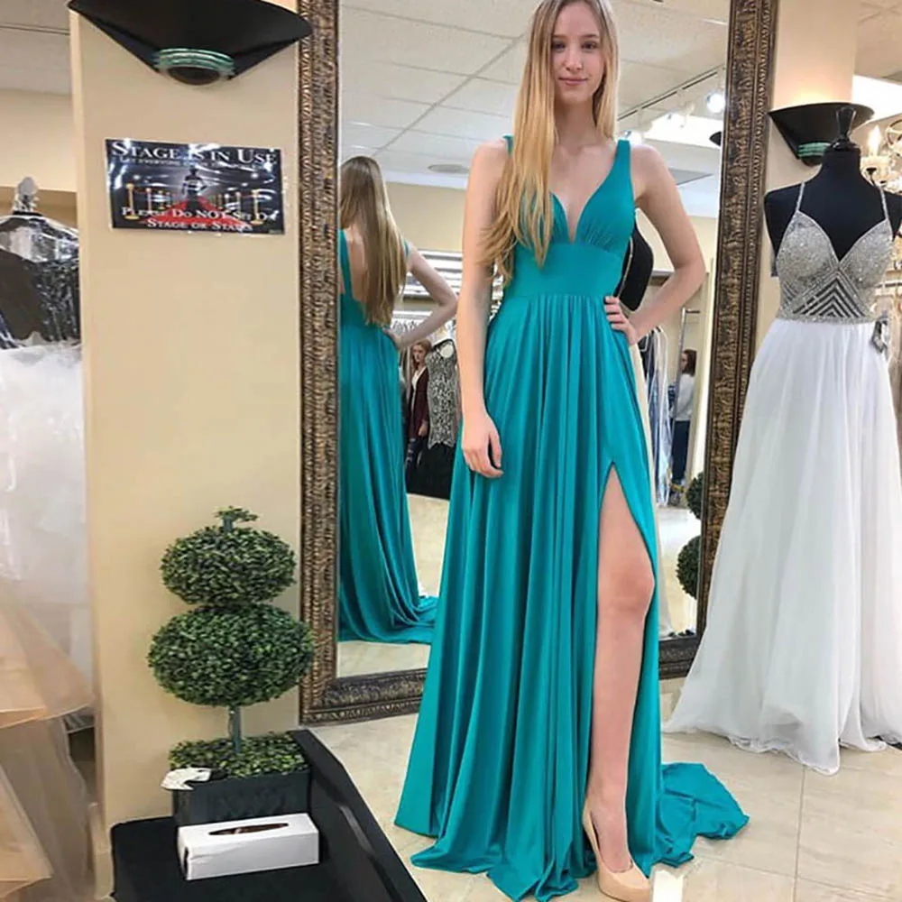 

A Line Custom V-Neck Evening Dresses Chiffon Prom Party Gown Girls Pageant Formal Sleeveless Sexy Thigh-High Slits