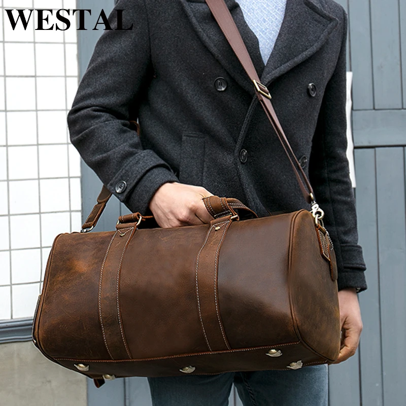 

WESTAL Leather Duffle Bag Men Luxury Travel Bag Luxury Designer Luggage/Duffle Bag Overnight Bag For Men Crazy Horse Leather