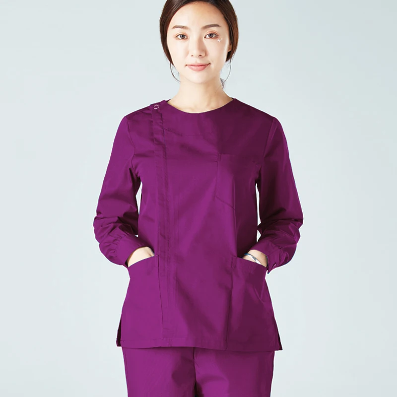 Women's Fashion Long Sleeves Medical Scrubs Set Pure Cotton Side Opening Front with Zipper and Scrub Pants Nursing Uniforms |