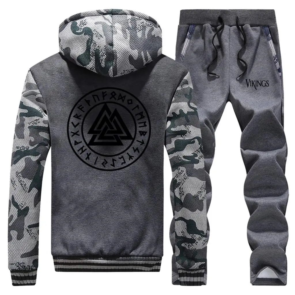 

2019 Winter Hot Sale Vikings Symbols Hoodie Sweatshirts Men Fashion Camouflage Fleece Soprtswear Warm Jackets+Pants 2 Piece Set