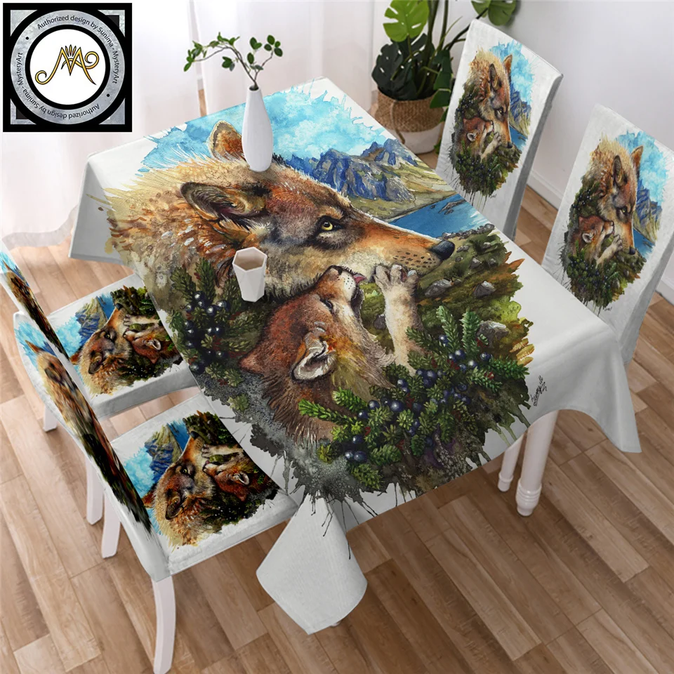 Скатерть SunimaArt с изображением волка, матери, волка, семья, водонепроницаемая скатерть для столовой, акварельная скатерть с изображением животных