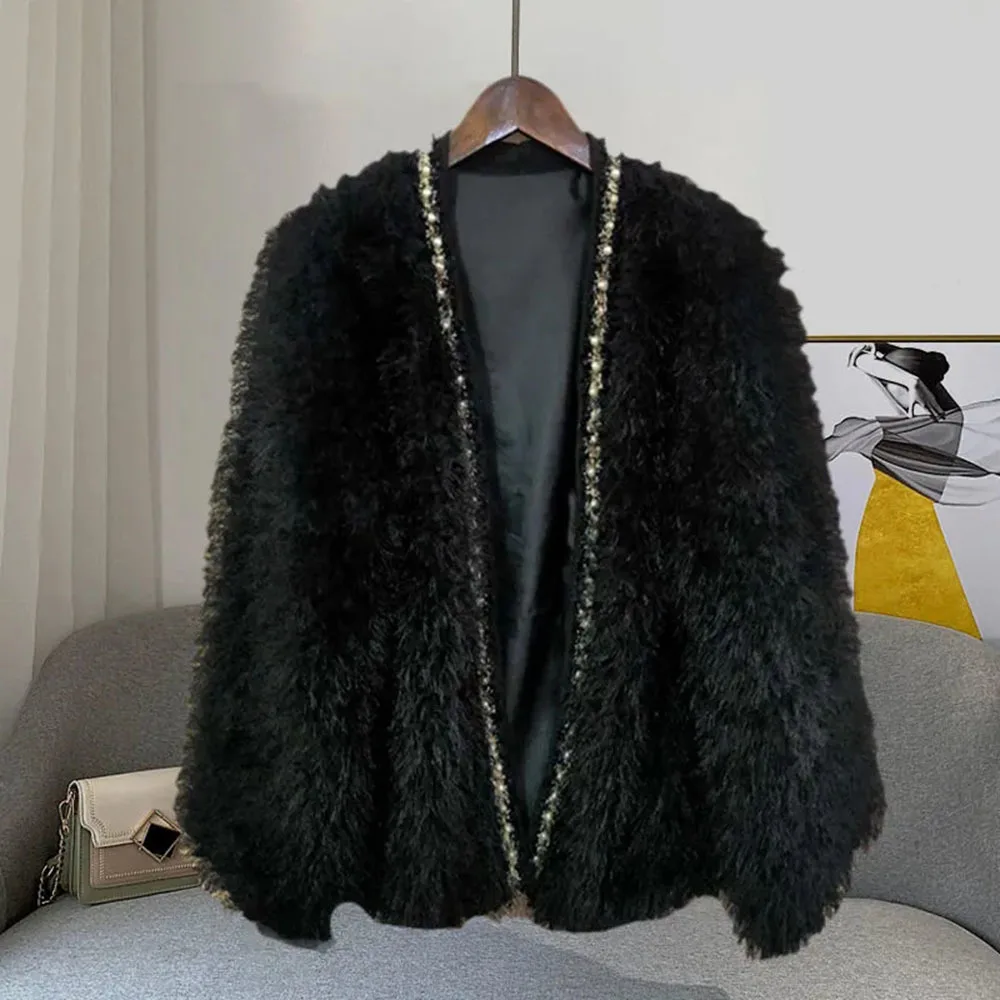 

Elegant Red Tassel Lambswool Faux Fur Coat Winter Korean Fashion Warm Cardigan Outerwear Luxury Beading Thicken Wool Fur Jacket