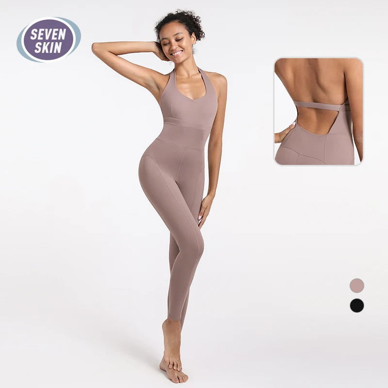 SEVEN SKIN Backless Sexy Yoga Sets Elastic Naked-Feel Women Jumpsuit One Piece Yoga Set Gym Fitness Sleeveless Sportswear Suit