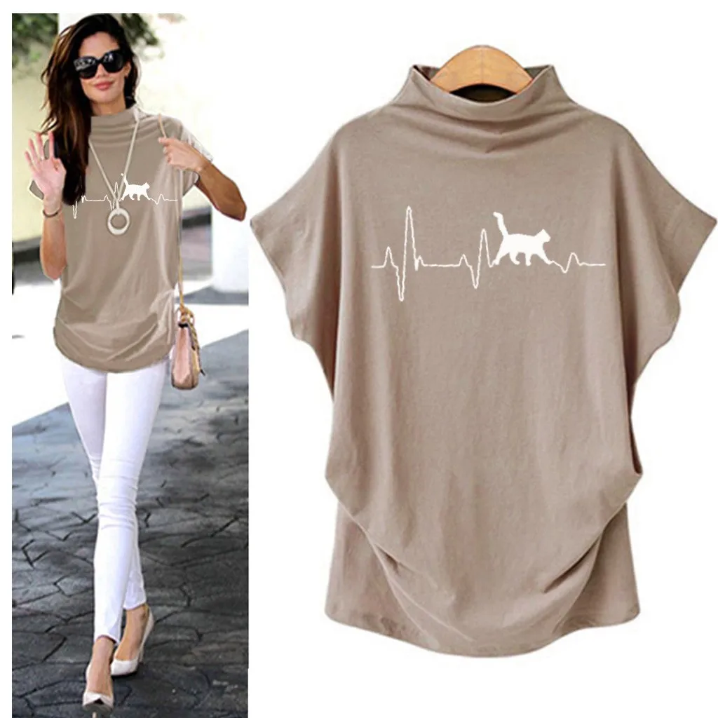 

Plus Size Women Turtleneck T Shirt Cat Printed Short Sleeve Casual Harajuku Top Cotton Summer Female Tee Women Clothing 2020