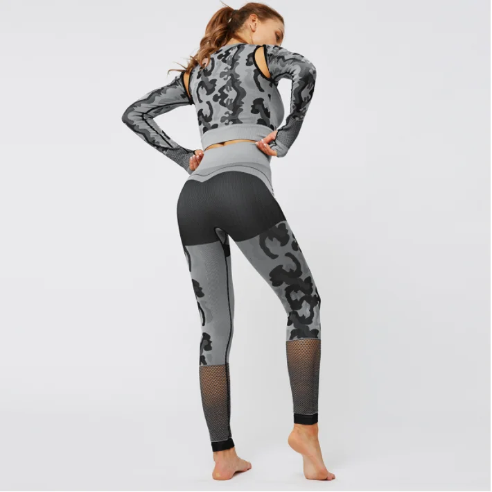 

private label camouflage female leggings seamless exercise long sleeve hip tight yoga gym wear set